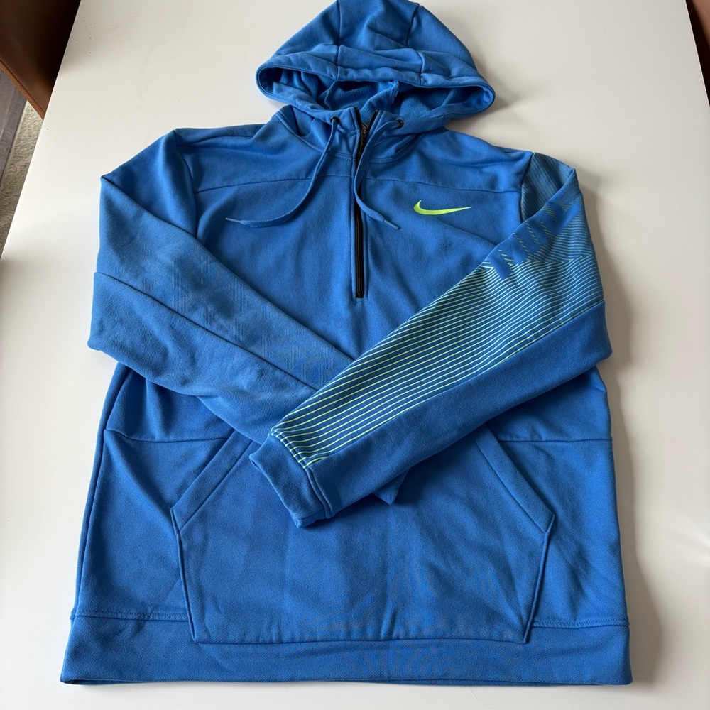 Nike Blue Quarter-Zip Hoodie with Lime Swoosh and Striped Sleeve
